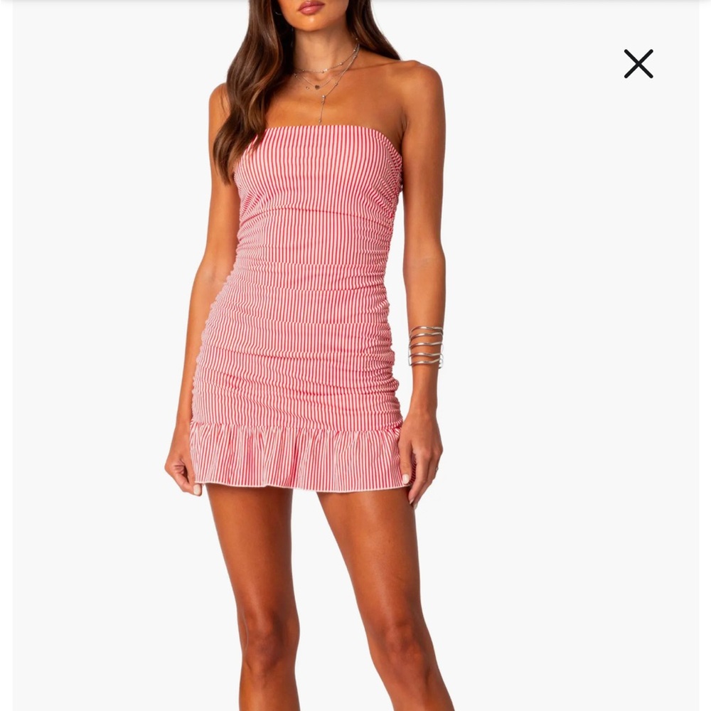 Edikted Gaia Stripe Strapless Ruched Flounce Hem Minidress - Size Small (NWT)